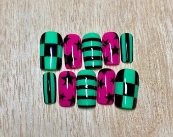 Y2K Vibes Funky Times Handpainted Press on Nails| Short Square