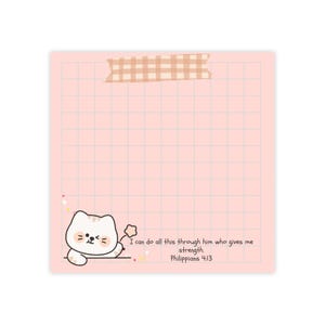 May include: A pink sticky note with a grid pattern, a cartoon cat illustration, and the text "I can do all this through him who gives me strength. Philippians 4:13." A piece of plaid tape is at the top.