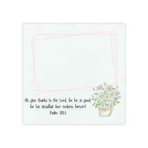 Könnte beinhalten: Eine weiße quadratische Karte mit einem rosa gepunkteten Rahmen und einer Aquarellillustration von Gänseblümchen in einem Topf. Der Text lautet: "Oh, dankt dem Herrn, denn er ist gut; denn seine Gnade währt ewiglich! Psalm 118,1."