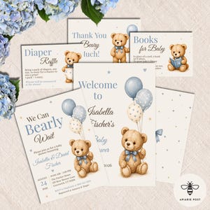 May include: A collection of baby shower stationery featuring illustrations of brown teddy bears, blue balloons, and blue hearts. The cards include text such as We Can Bearly Wait, Welcome to Isabella Fischer's Baby Shower, Diaper Raffle, and Books for Baby.