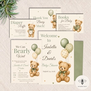 Puede incluir: Un conjunto de invitaciones y tarjetas para baby shower con temática de ositos de peluche. Las tarjetas incluyen textos como "Diaper Raffle", "Thank You Beary Much!" y "Welcome to Isabella & David's Baby Shower". La combinación de colores es verde suave y beige.