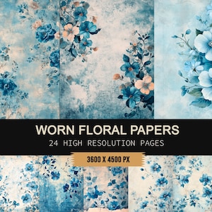 Op de afbeelding: Digitale papier set met bloemmotieven in blauw, wit en perzik. De afbeelding toont meerdere panelen met verschillende bloemstukken en een getextureerde achtergrond. Tekst op de afbeelding luidt "WORN FLORAL PAPERS" en "24 HOGE RESOLUTIE PAGINA'S".