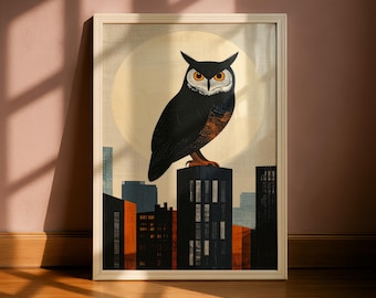 Midnight Owl Print – Modern Art Print of an Owl Over the City, Halloween Wall Art