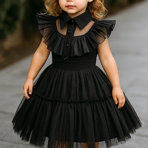 Little Girl's Black Tulle Party Dress: Ruffle Collar Costume
