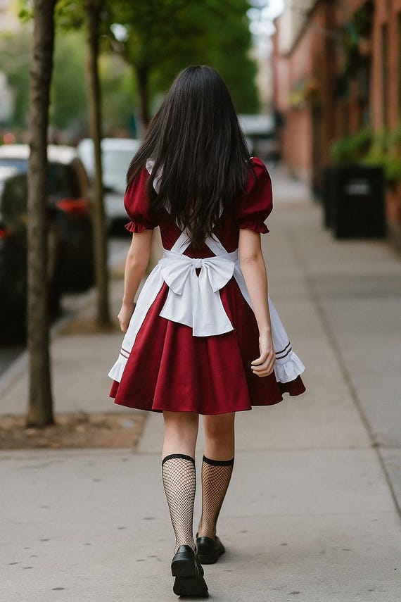 red maid dress Kawaii Maid Costume - Red Mushroom Maid Style Dress with Hat Apron Brooch