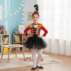 May include: A child's circus ringmaster costume. The outfit features a red sequined jacket with gold epaulets and black accents, a black tutu skirt, and a small top hat with a feather. The child is also wearing white tights and black shoes.