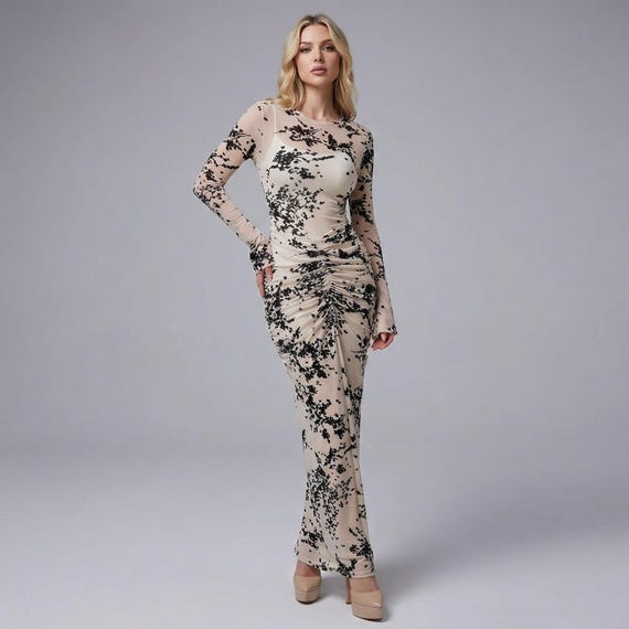 Women Mesh Bodycon Maxi Dress | Long Sleeve Ruched Evening Gown | Birthday Party Night Out Dress Women Mesh Bodycon Maxi Dress | Long Sleeve Ruched Evening Gown | Birthday Party Night Out Dress