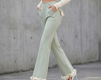 Spodnie z wysokim stanem i szerokimi nogawkami | Spodnie z kokardką, luźny krój, spodnie casualowe