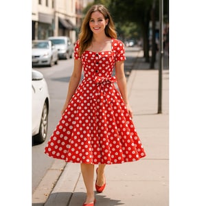 May include: A red polka dot dress with a square neckline, short sleeves, and a matching belt. The dress features white polka dots and black buttons down the front. The person is wearing red shoes.