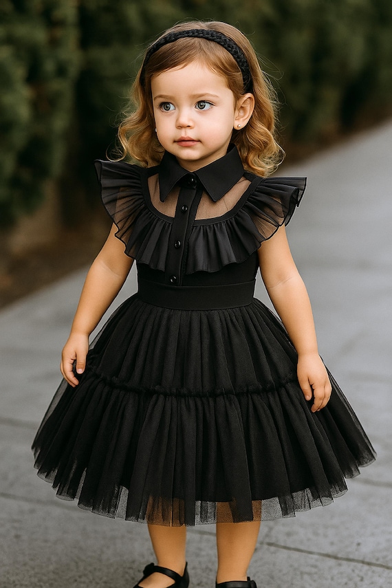 トップス Treat Girl's tulle frill jersey (Black) Little Girl's Black Tulle Party Dress: Ruffle Collar Costume - Etsy