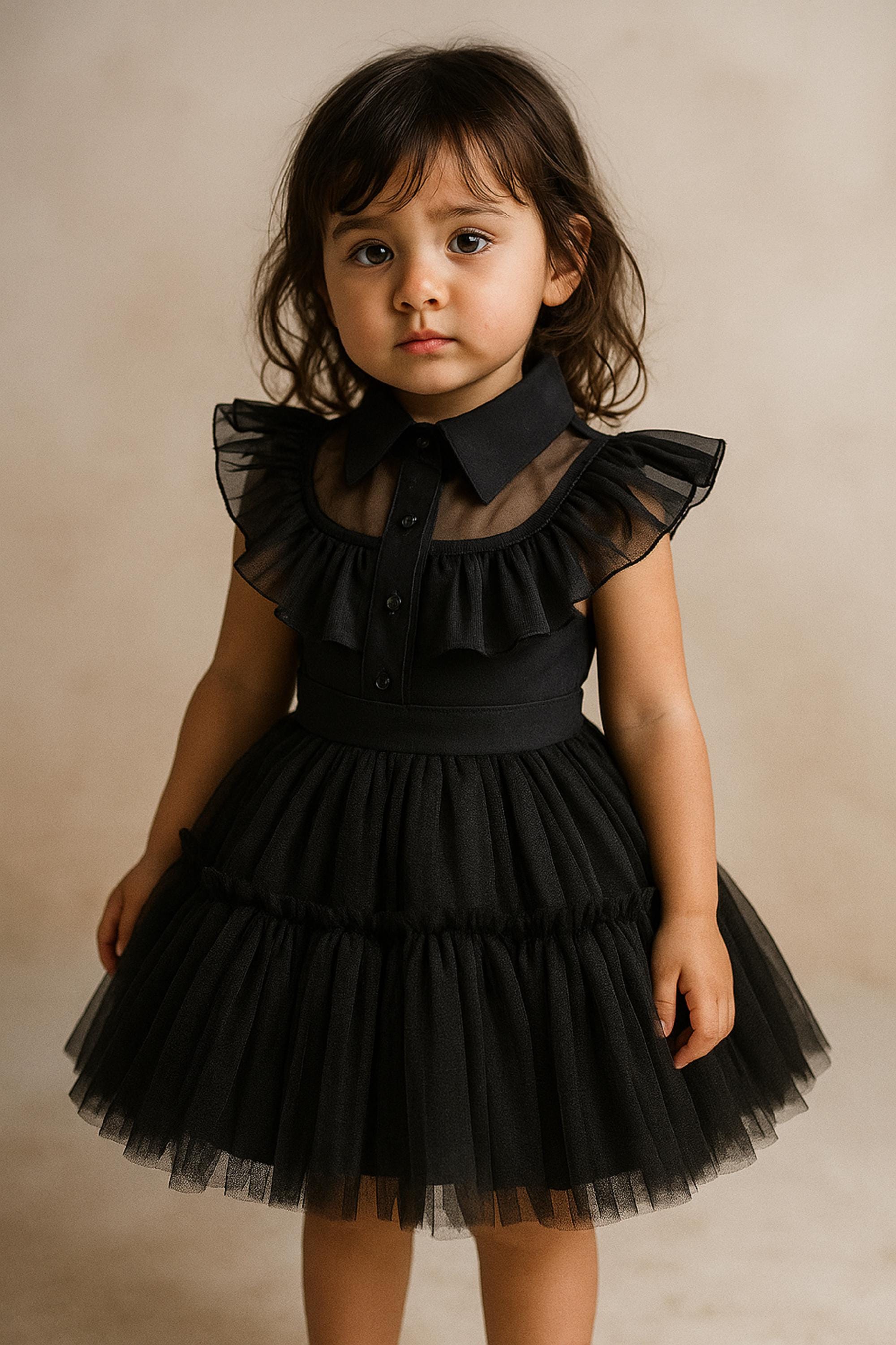 トップス Treat Girl's tulle frill jersey (Black) Little Girl's Black Tulle Party Dress: Ruffle Collar Costume - Etsy