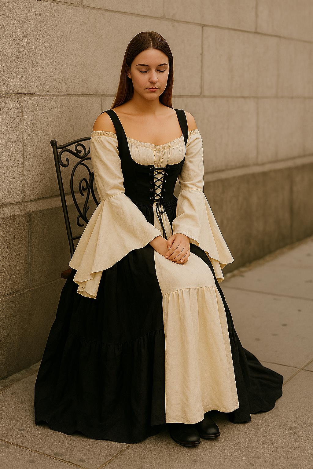 medieval dress with corset for sale Renaissance Corset Dress Flowing Puff Sleeves - Multi-layered Skirts - Off-shoulder Chemise