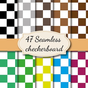 Puede incluir: Una colección de 47 patrones de tablero de ajedrez sin costuras en varios colores. Los patrones incluyen blanco y negro, gris y blanco, marrón y blanco, verde y blanco, amarillo y blanco, azul y blanco, y magenta y blanco. Se muestra el texto "47 Seamless checkerboard".