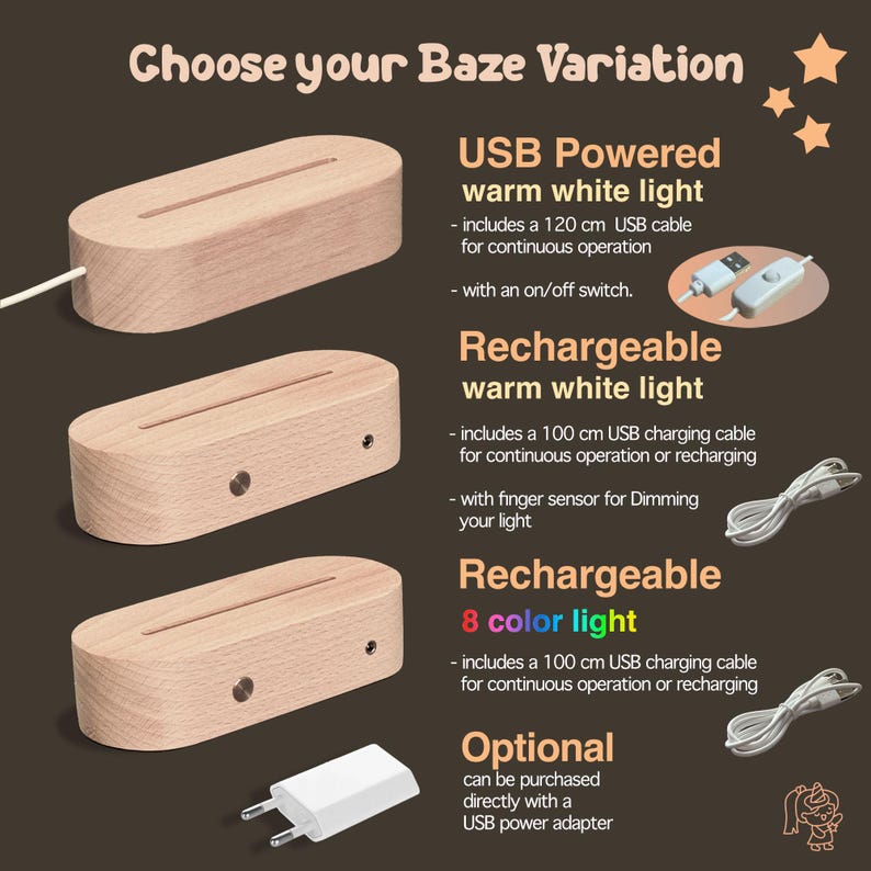 The image is an advertisement for a baze variation of a USB-powered light, featuring three different models with varying features.