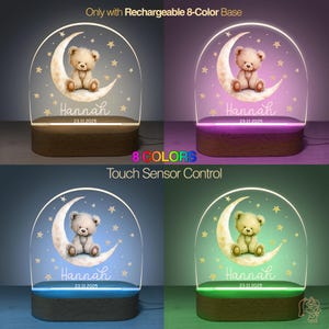 The image is a collage of four different colored LED light bases, each featuring a teddy bear on a crescent moon and stars design. The teddy bears are named Hannah and are positioned on the crescent moon and star background. The light bases are labeled with the names Hannah and the date 23.11.2025.