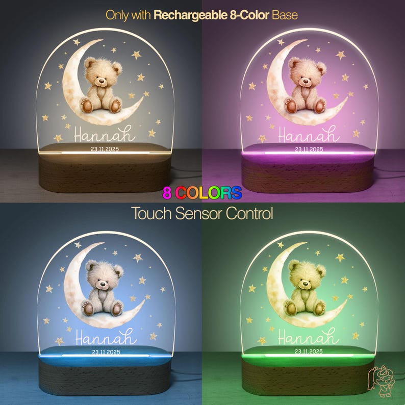 The image is a collage of four different colored LED light bases, each featuring a teddy bear on a crescent moon and stars design. The teddy bears are named Hannah and are positioned on the crescent moon and star background. The light bases are labeled with the names Hannah and the date 23.11.2025.