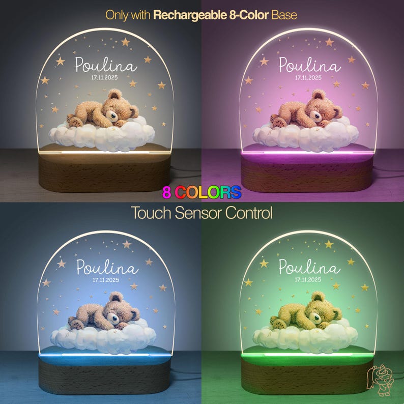 The image is a collage of four different colored LED light displays, each featuring a teddy bear on a cloud and the name "Poulina" written on it.
