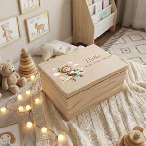 Gepersonaliseerde houten babyherinneringsdoos, Pilot Bear Airplane Adventure babykamerdecoratie