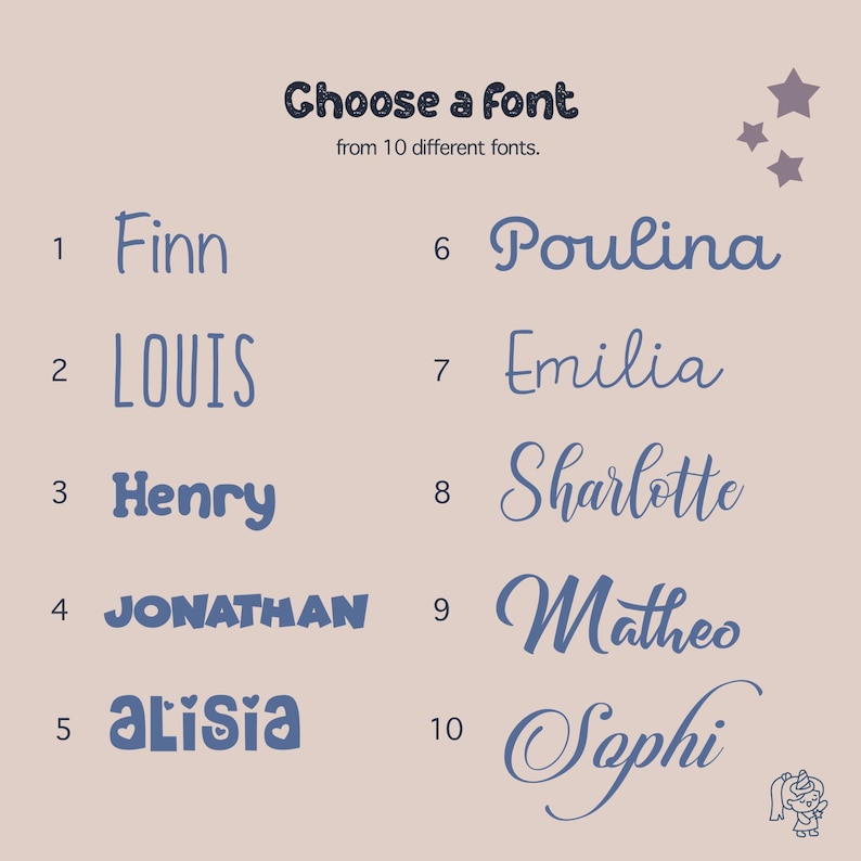 a selection of 10 different font names, each with a unique style and color, allowing the user to choose a font from the available options.