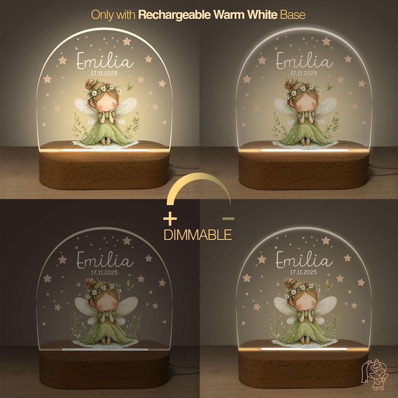 The image is a collage of four images, each featuring a fairy-like character with wings and a flower crown. The characters are named "Emilia" and are displayed in different lighting conditions. The lighting conditions include a warm white base and a dimmable feature.