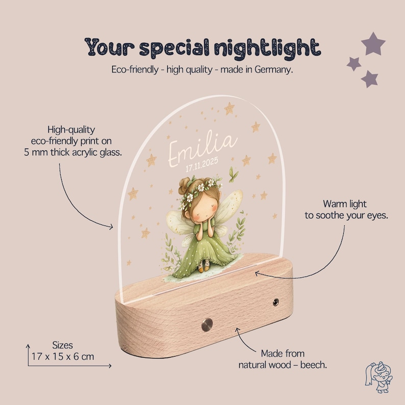 The image is an advertisement for a fairy-themed nightlight. It features a clear acrylic glass dome with a fairy illustration, a wooden base, and various descriptive text highlighting the product's eco-friendly, high-quality, and German-made nature.