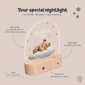 The image is a detailed description of a wooden nightlight featuring a teddy bear on a cloud, with various sizes and features highlighted.