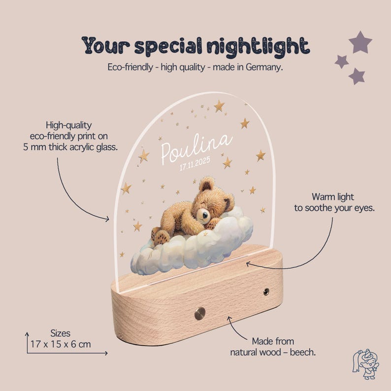 The image is a detailed description of a wooden nightlight featuring a teddy bear on a cloud, with various sizes and features highlighted.