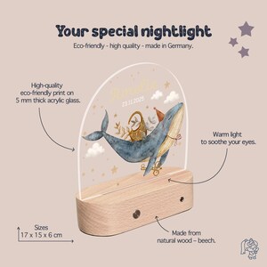 The image is a product description for a nightlight, featuring a whale illustration and some text providing details about the product.