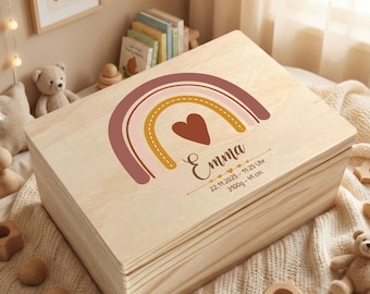 Custom Wooden Baby Memory Box, Boho Rainbow Heart Keepsake Chest, Earth Tone Nursery Decor