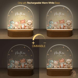 The image is a collage of four images showing a personalized lamp with a white base featuring a group of animals, including a dragon, teddy bears, and other animals, along with the name "Matteo" and the date "17.11.2025".