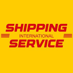 Puede incluir: Fondo amarillo con las palabras "SHIPPING INTERNATIONAL SERVICE" en rojo. La palabra "SHIPPING" está encima de "INTERNATIONAL", que está encima de "SERVICE". Hay tres líneas horizontales rojas a cada lado de la palabra "INTERNATIONAL".