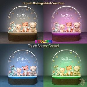 The image is a collage of four different colored LED light bases, each featuring a personalized design with a variety of animals, including bears, dragons, and other creatures. The bases are labeled with the name "Matteo" and the date "17.11.2025".