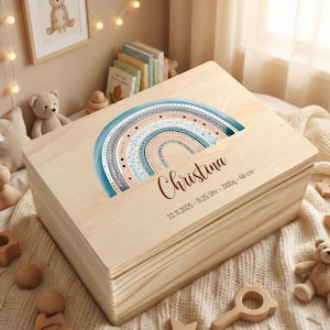 Personalized Wooden Baby Memory Box, Dotted Boho Rainbow Keepsake Chest, Pastel Nursery Decor
