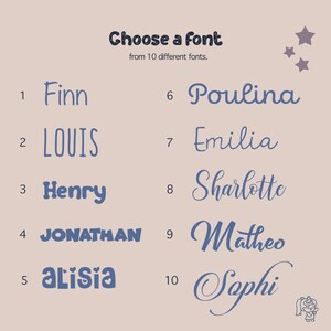 a selection of 10 different font names, each with a unique style and color, allowing the user to choose a font from the available options.