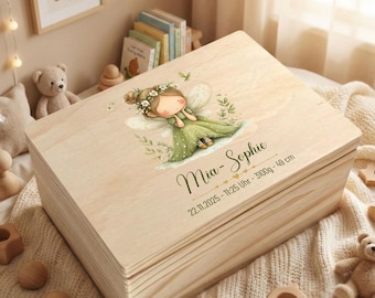 Gepersonaliseerde houten bewaardoos voor baby's, decoratie voor de babykamer met sprookjestuinmotief, herinneringskist