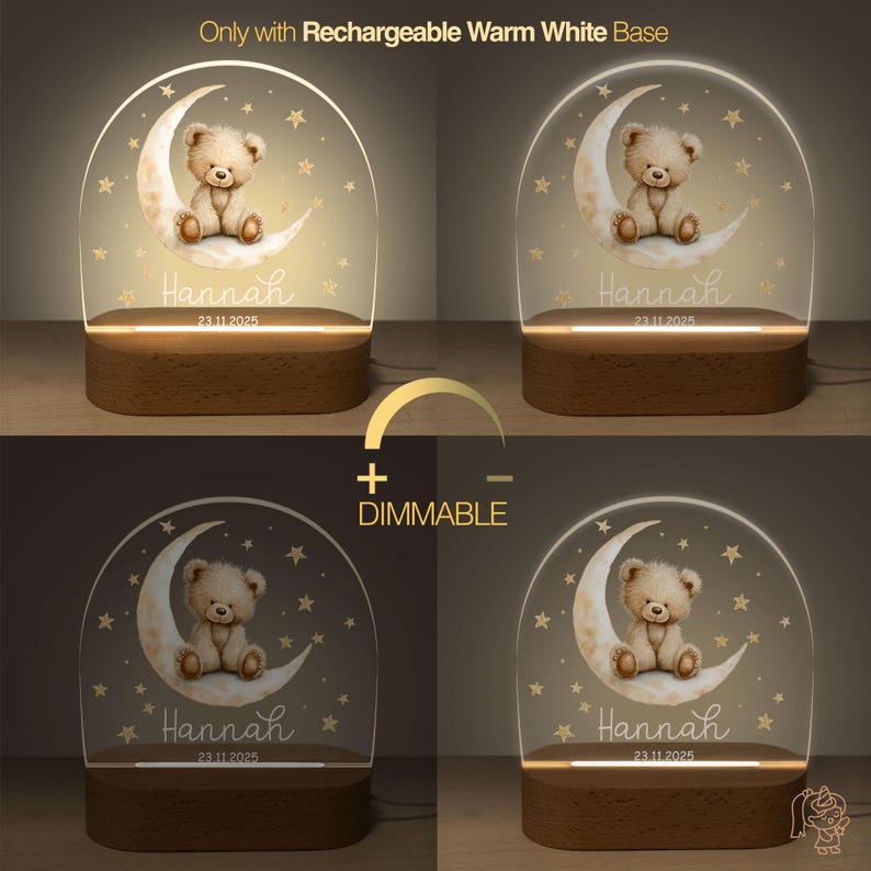 The image is a collage of four images showing a teddy bear on a crescent moon and stars, with the name "Hannah" and the date "23.11.2025" displayed on each.