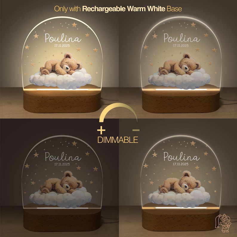 The image is a collage of four images showing a teddy bear on a cloud, each with a different background color. The teddy bear is named "Poulina" and is depicted in various lighting conditions.