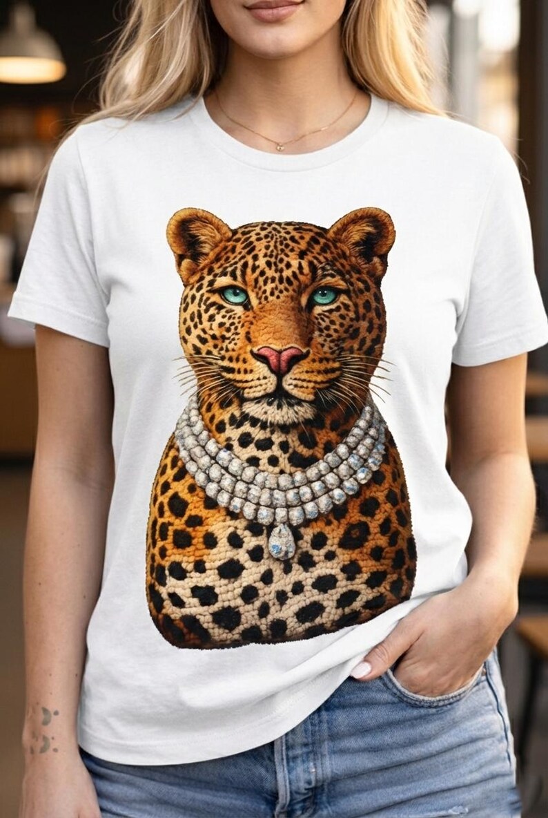 May include: White t-shirt featuring a detailed illustration of a leopard's face with blue eyes and a diamond necklace. The leopard has a spotted coat. The shirt is a classic crew neck style.