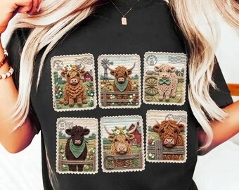 Highland Cow Stamp Collection | Vintage Cottagecore Style – Digital PNG