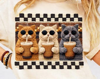 Trio of Cats Coffee PNG | Faux Crochet 3D Checkered Design (Digital Download)