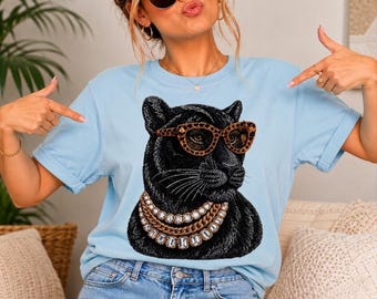 Funny Black Panther T-Shirt, Gold Chain Jewel Cat Tee, Trendy Women T Shirt PNG
