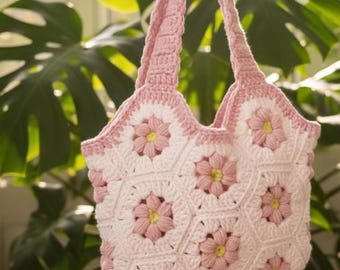 Sac Cabas "Fleurs de Printemps" en Hexagones–Patron Crochet PDF