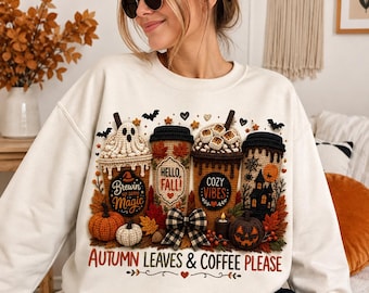 Autumn Leaves & Coffee Please PNG - Coffe Halloween  Lover Shirt - Faux Crochet Coffe  - DIgital download