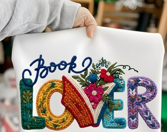 Amoureux des livres, faux fil au crochet png , chemise en tricot livresque florale png