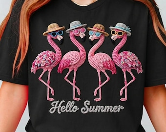 Hello Summer Flamingo PNG - Faux Crochet Pink Flamingo Design - Digital Download