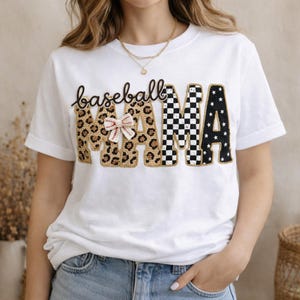 Baseball Mama | 3D Embroidery Effect & Mixed Textures (Leopard Checkerboard) – Digital PNG