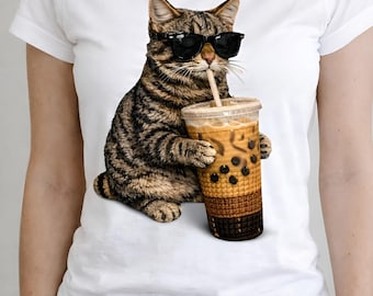 Chat mignon café glacé  & Lunettes de Soleil | Effet Broderie 3D  Crochet – PNG Numérique