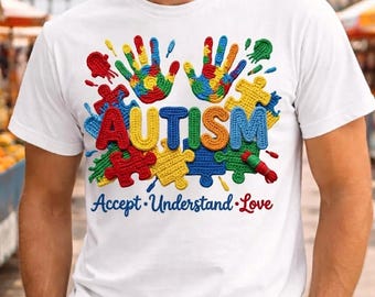 Vibrant Autism Awareness PNG –  "Accept • Understand • Love." - 3D Crochet Style Design - Digital download