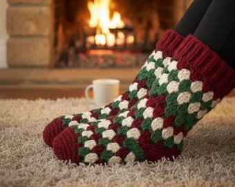 Chaussettes de Noël "Granny Square" | Confort Cosy & Style Traditionnel – Patron Crochet PDF