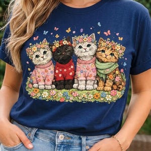 Silhouette Chats Floral | Effet Broderie 3D & Fleurs de Printemps – PNG Numérique